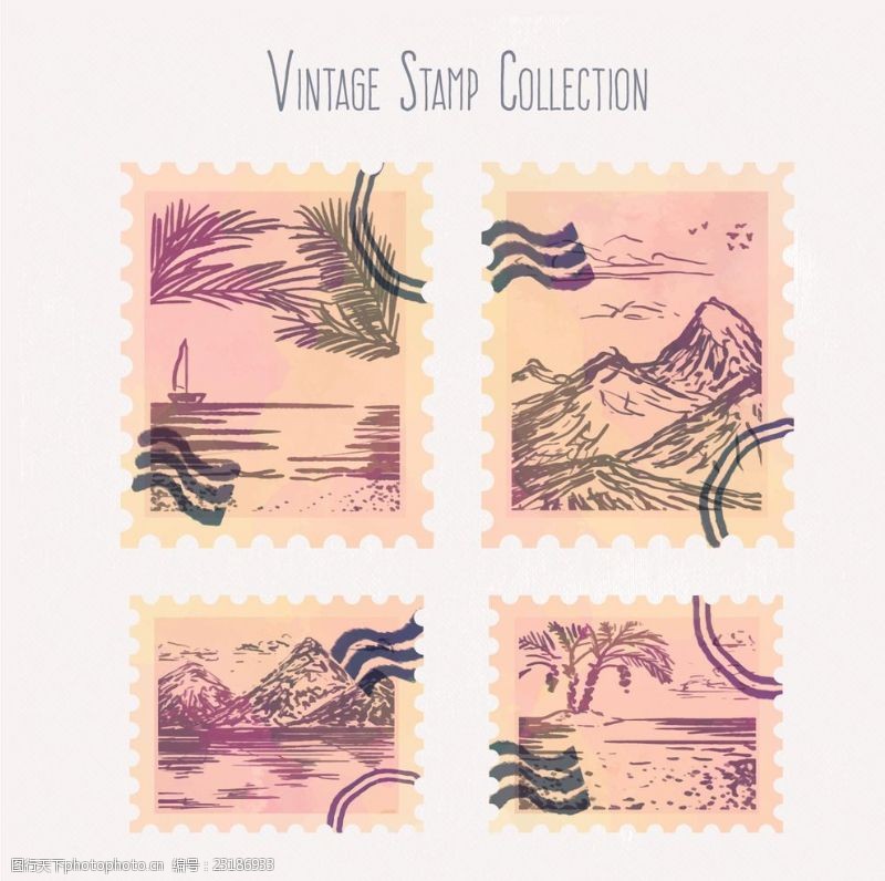 手绘水彩邮票一套老式夏天邮票