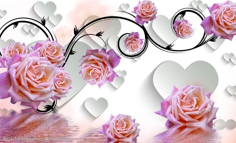 粉色玫瑰花背景3D爱心玫瑰素材