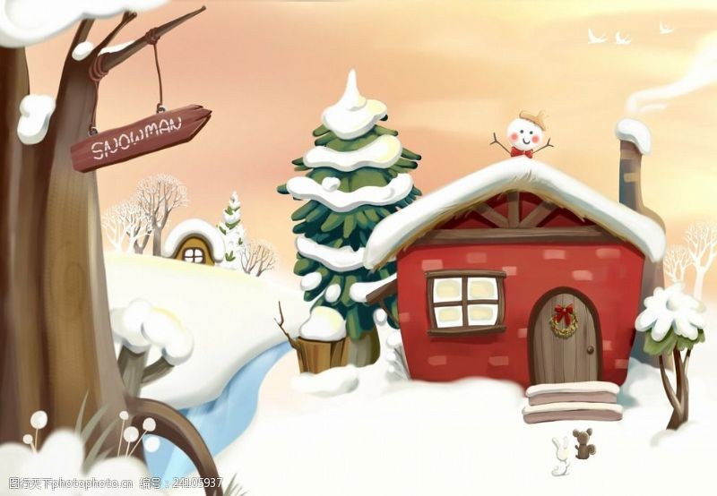 树家风卡通雪景房屋素材背景