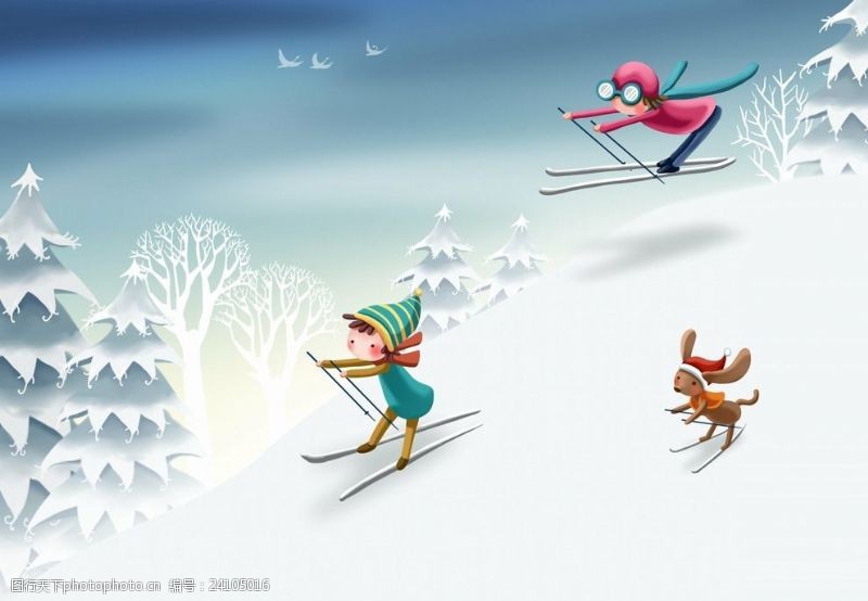 滑浪卡通雪景滑雪素材背景