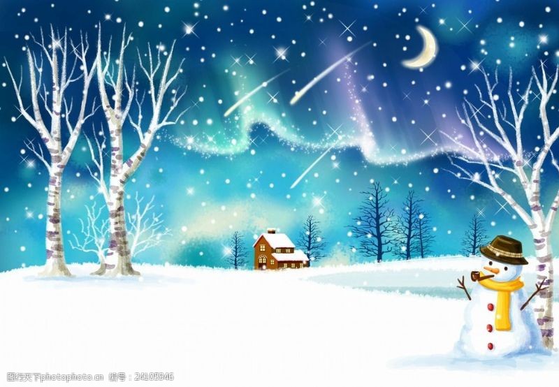 树家风童话卡通雪景雪人素材