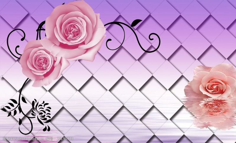 粉色玫瑰花背景3D方块玫瑰背景墙分层
