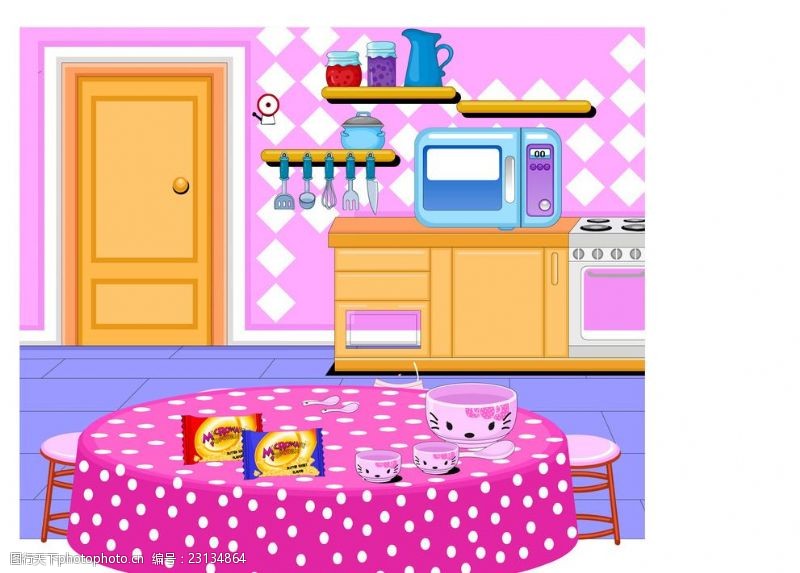 粉色房子厨房插画桌子