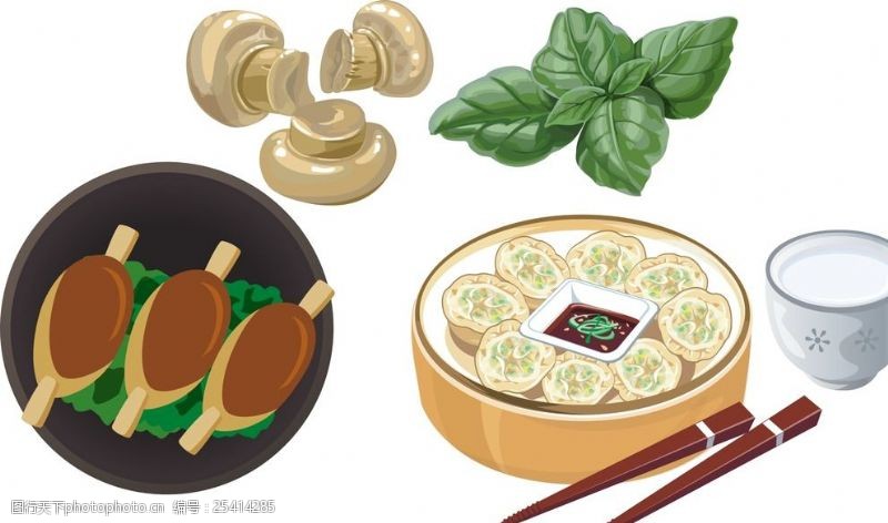 韩国菜矢量素材香菇鸡腿饺子绿叶