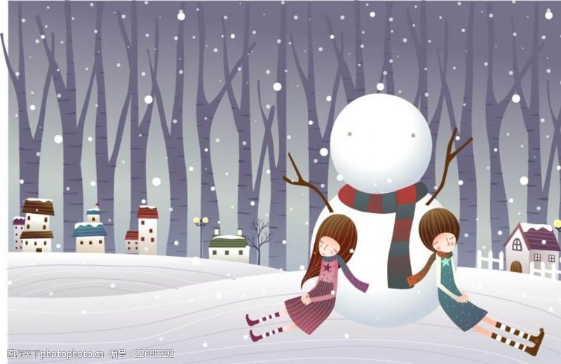 运河人家卡通冬季雪景情侣人物素材