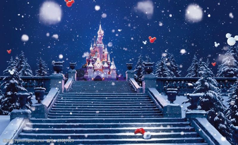 圣诞节飘雪城堡阶梯背景