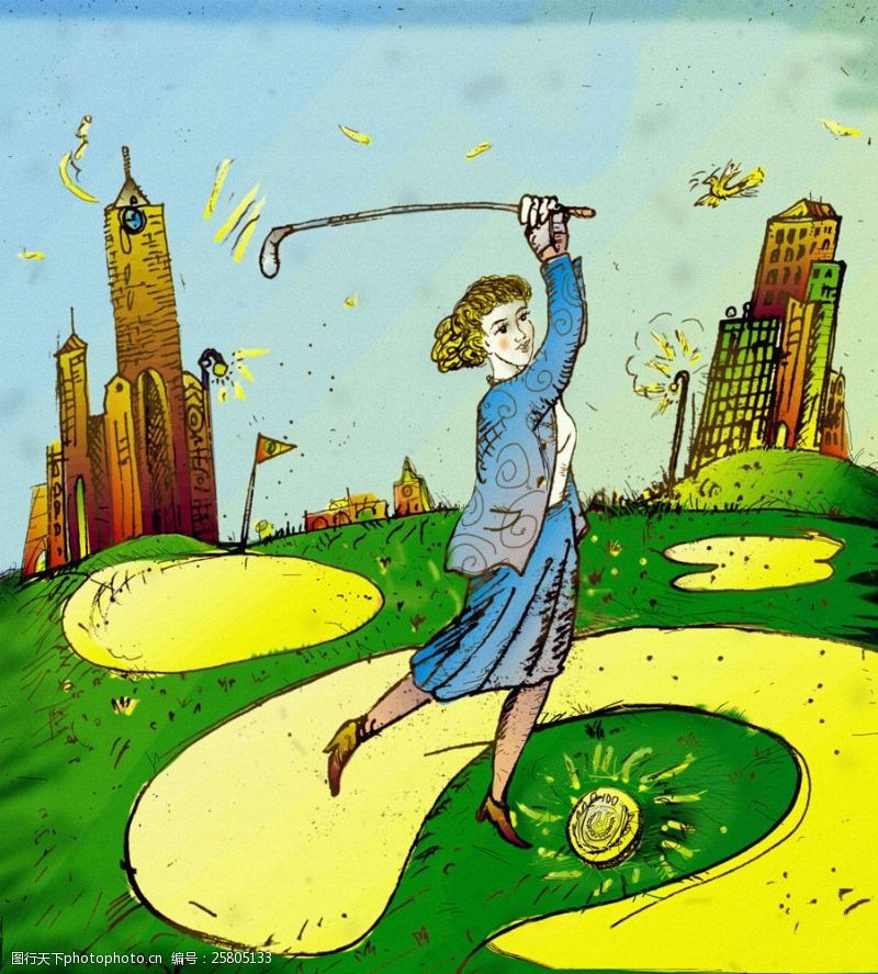 商业金融人物插画打高尔夫球的商务美女图片
