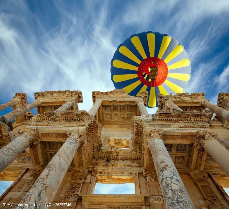 古代建筑素材热气球与古代建筑图片