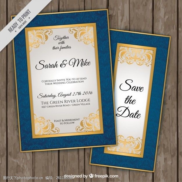 婚庆卡片蓝色和金色边框的优雅婚礼请柬