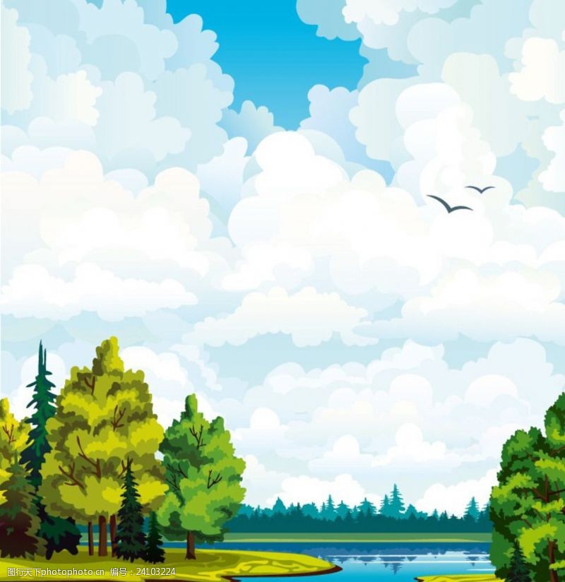 绿色清新背景板卡通手绘风景湖边树木蓝天