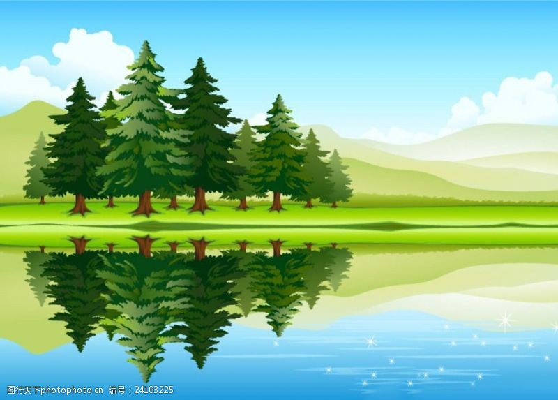 绿色清新背景板卡通手绘风景湖边树木山水
