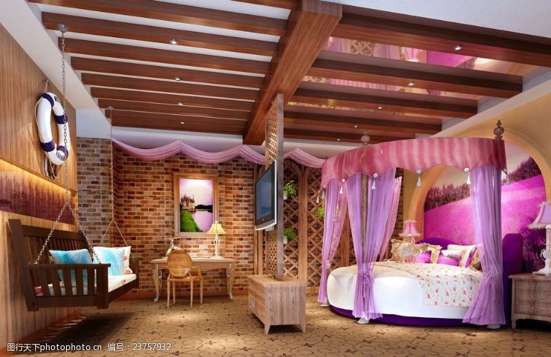 粉色房子女儿房女孩子房间粉色卧室圆床