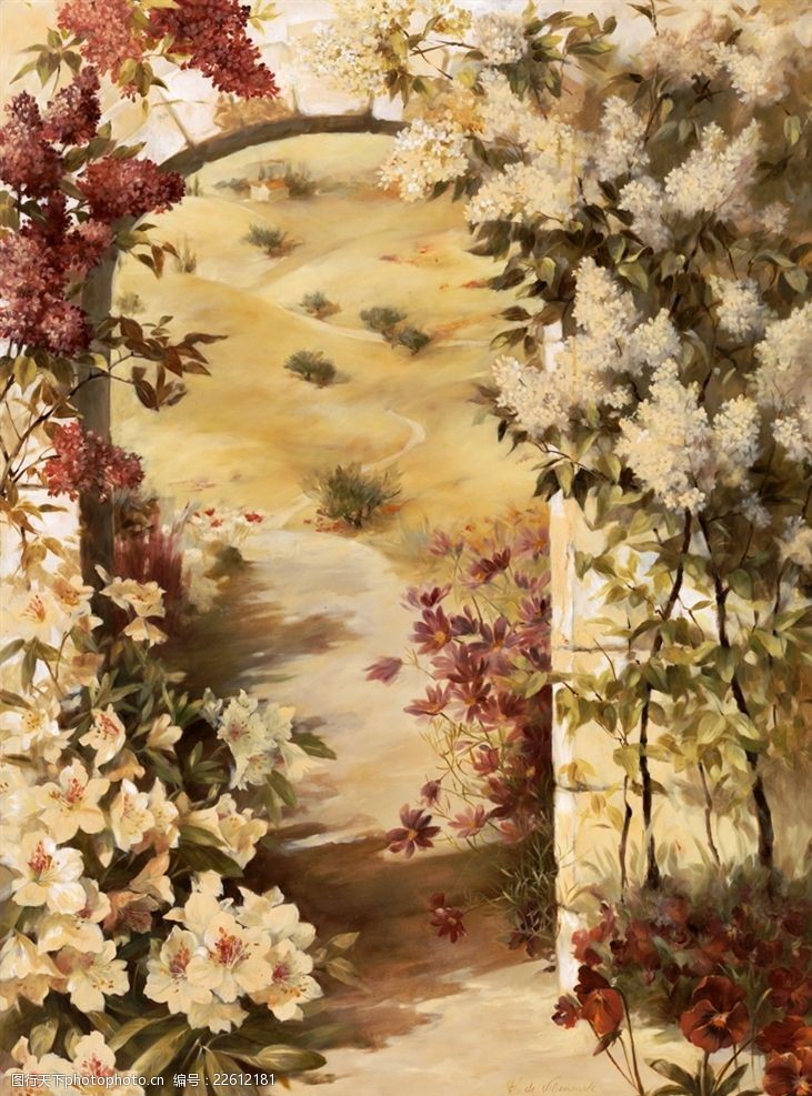 油画风格美丽田园花卉油画装饰画
