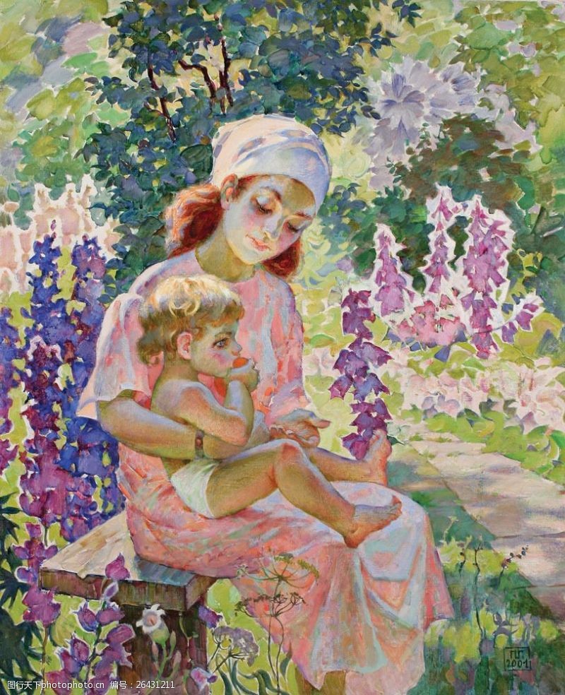 西方男孩抱着小孩的妈妈油画图片
