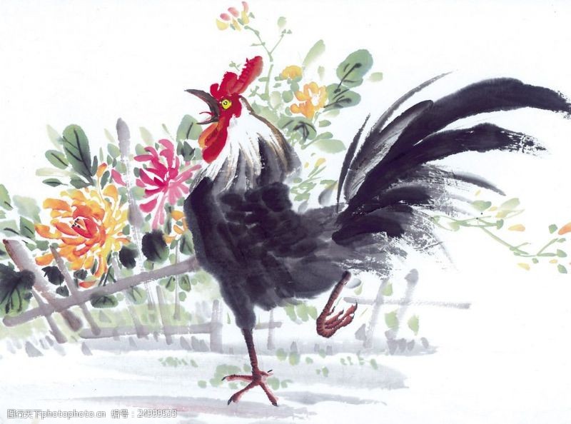 公鸡油画鲜花与公鸡装饰画图片