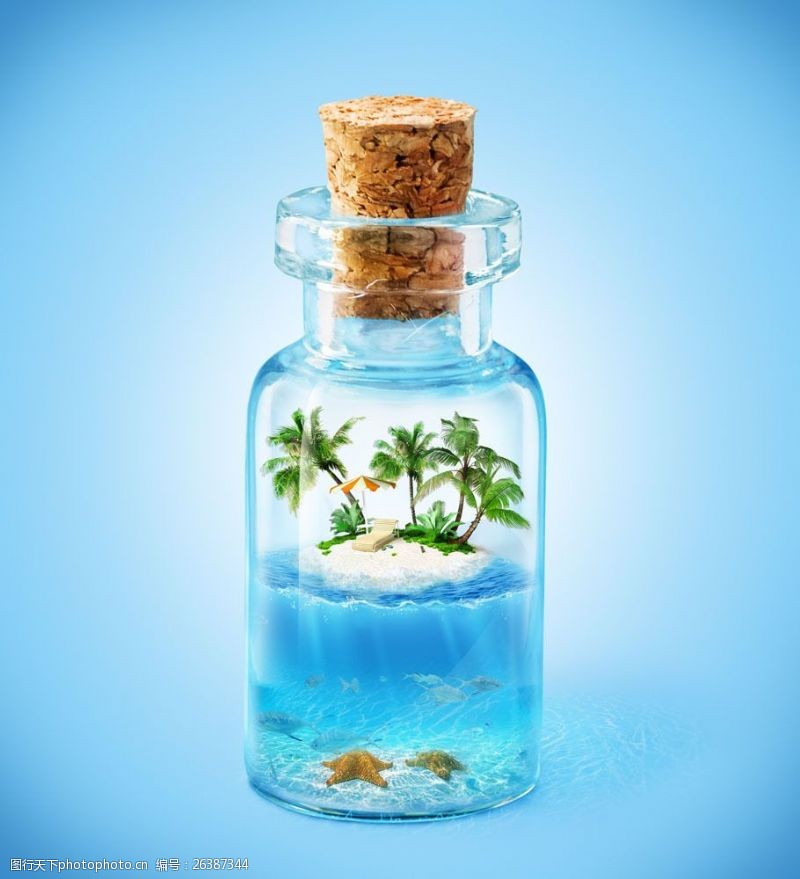 其他类别玻璃瓶里的椰子树和海星图片