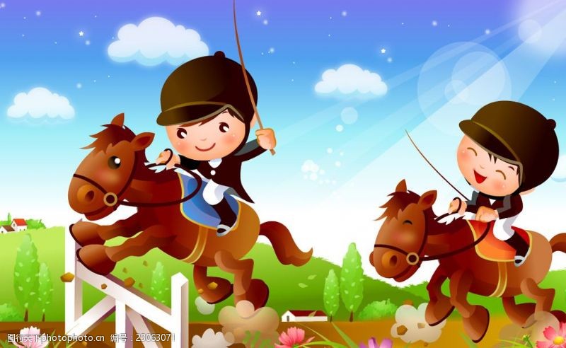 卡通运动人儿童骑马