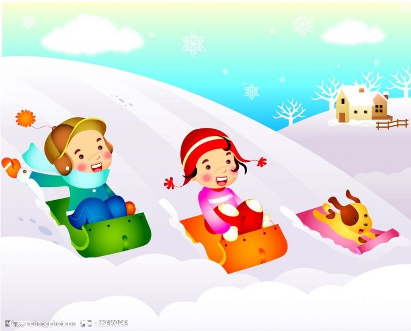 卡通动车玩滑雪的可爱卡通儿童