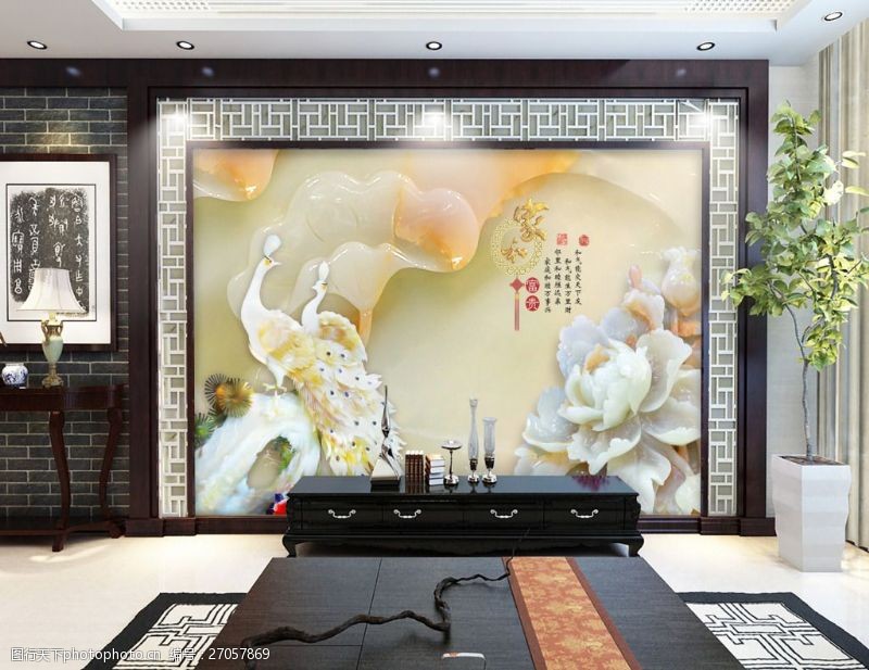 石刻白玉雕刻中国风电视背景墙设计素材