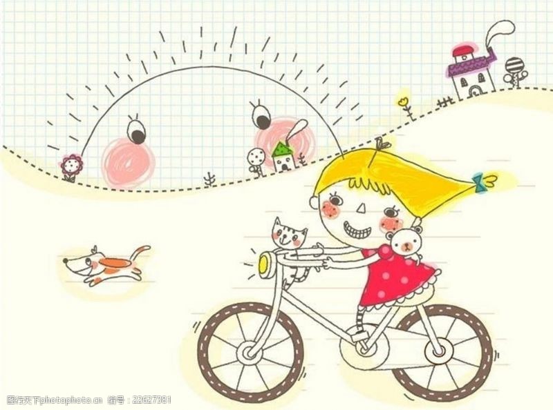 卡通动车骑自行车的小女孩与脸红的太阳