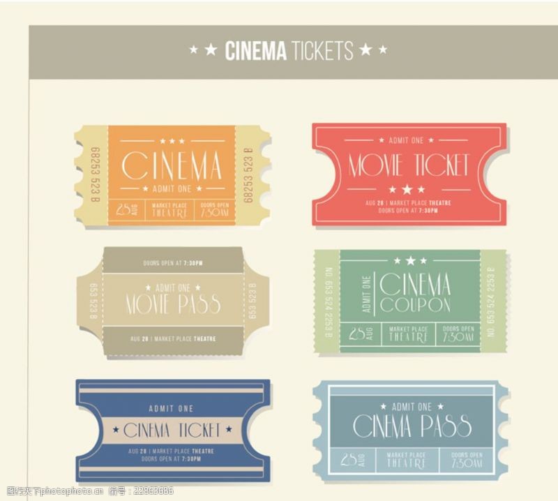 电影院6款纸质电影票设计矢量素材