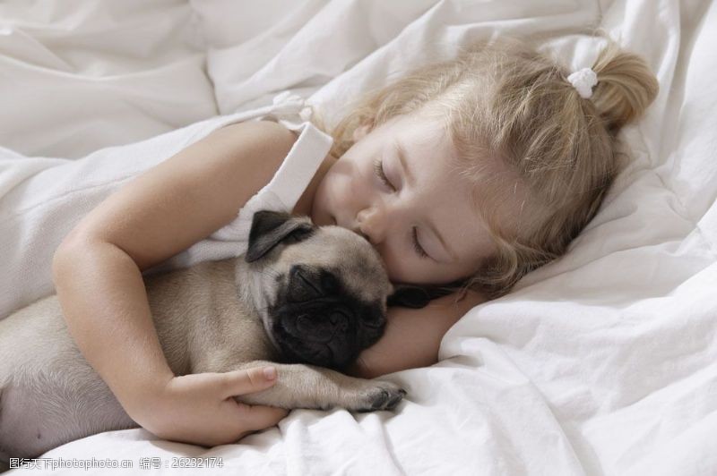 宠物犬名片睡觉的可爱小女孩与狗狗图片