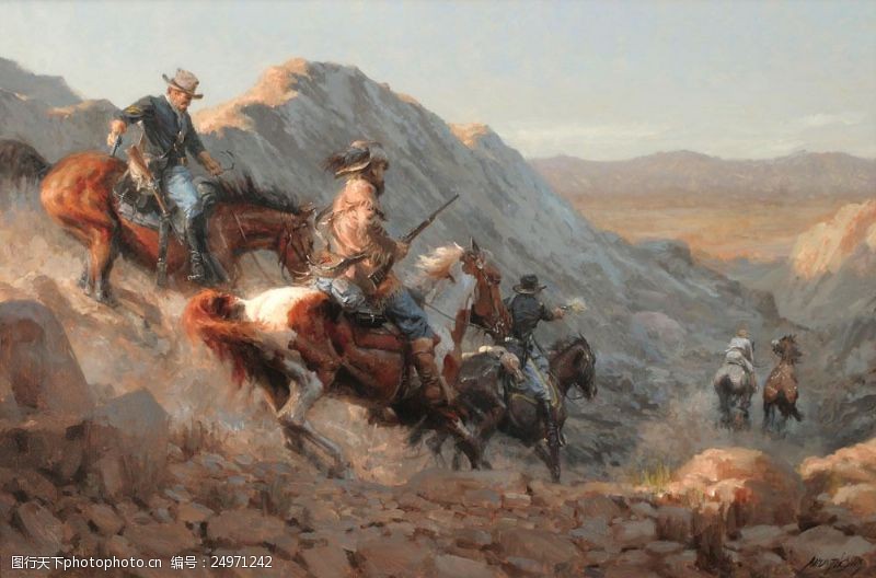 骑马打仗的人油画图片