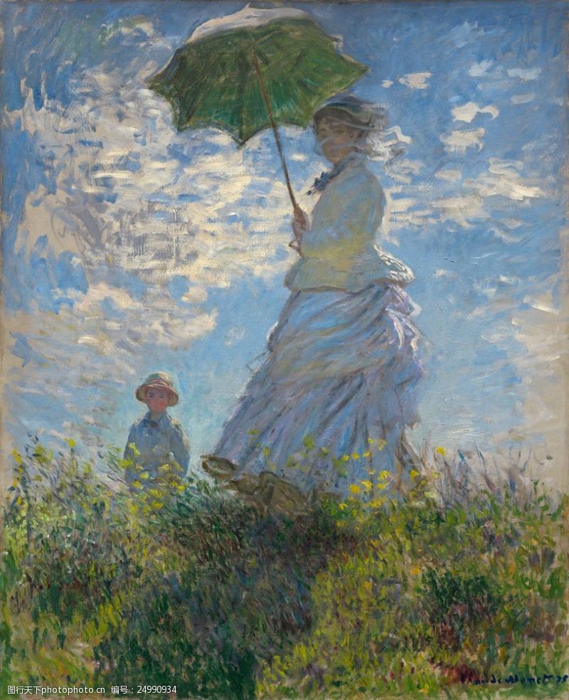 打伞人鲜花丛中打伞的母子油画图片