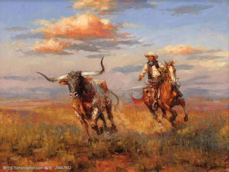 骑马的西部牛仔人物油画图片