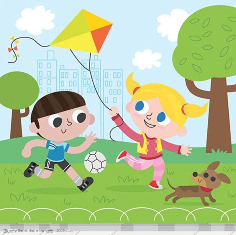 美术班卡通儿童节快乐孩子们玩风筝
