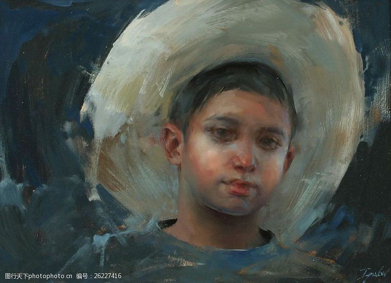 西方男孩戴草帽的男孩油画肖像图片