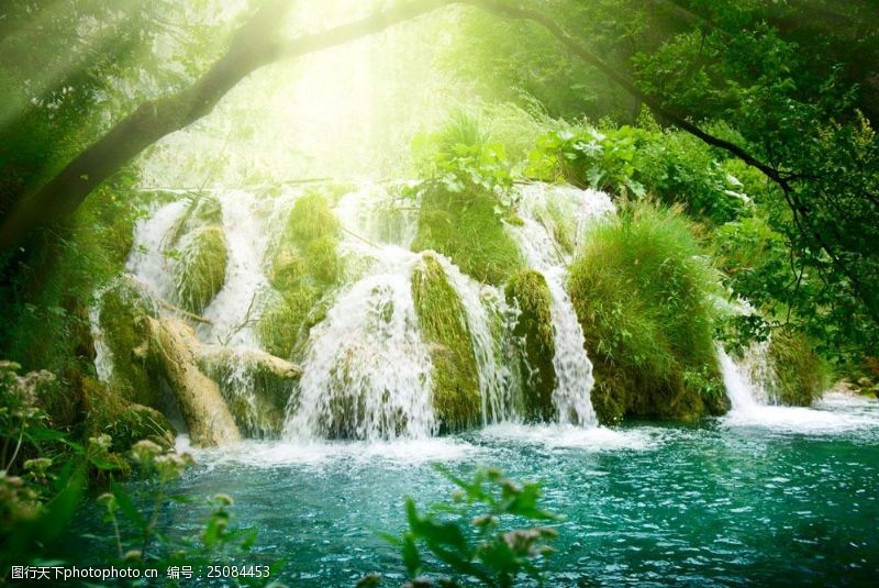 高清晰瀑布茂密的森林间清澈的瀑布图片