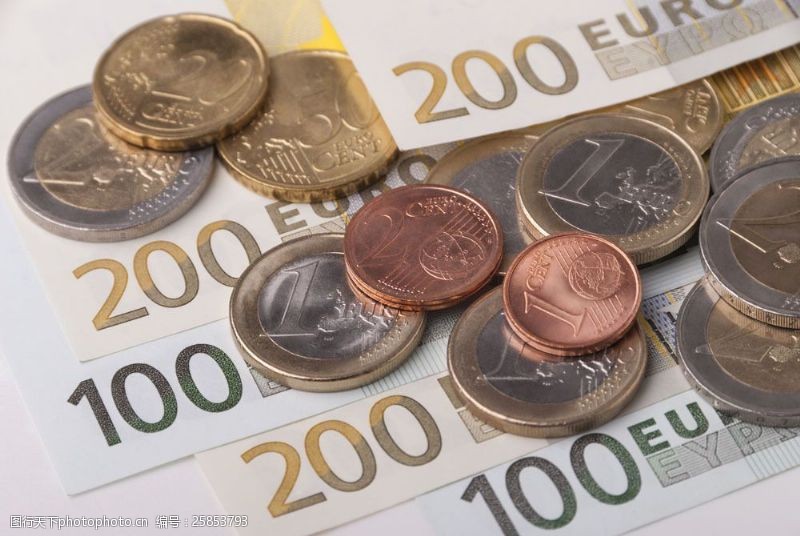 金融理财欧元硬币钞票图片