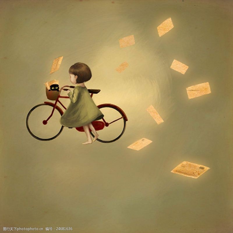 油画推着自行车的女孩图片