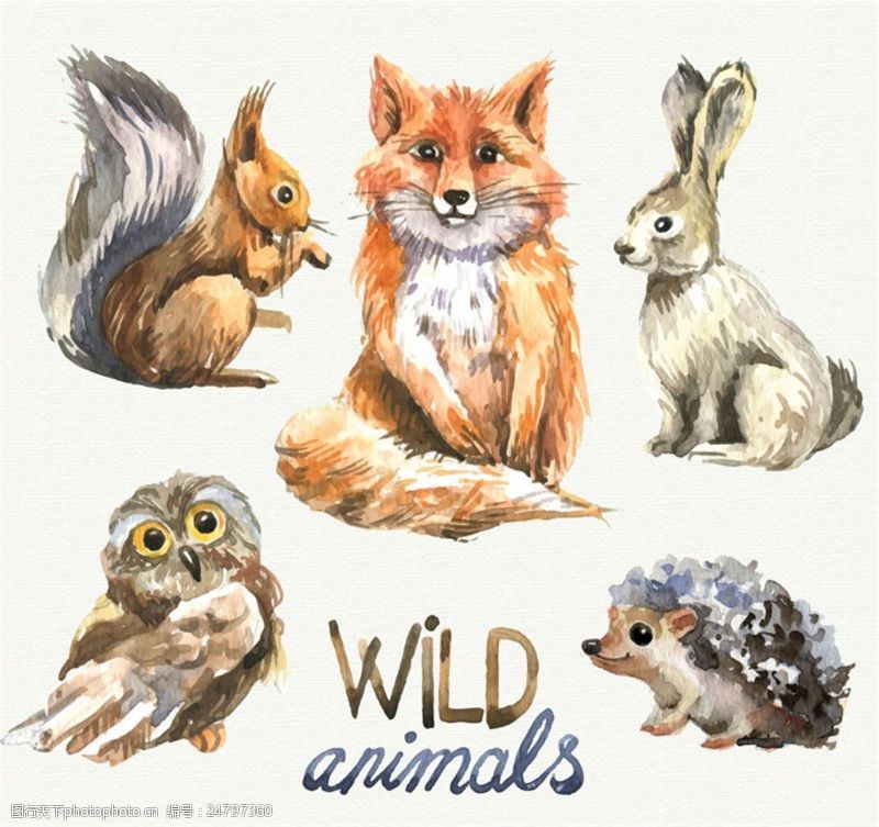 卡通兔子5款水彩绘野生动物矢量素材