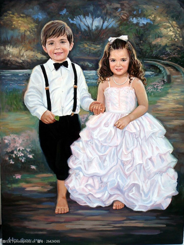西方男孩儿童新娘新郎油画图片