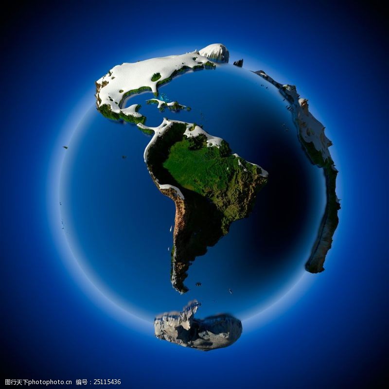 天地盖绿色的南美洲和积雪覆盖的北美洲图片