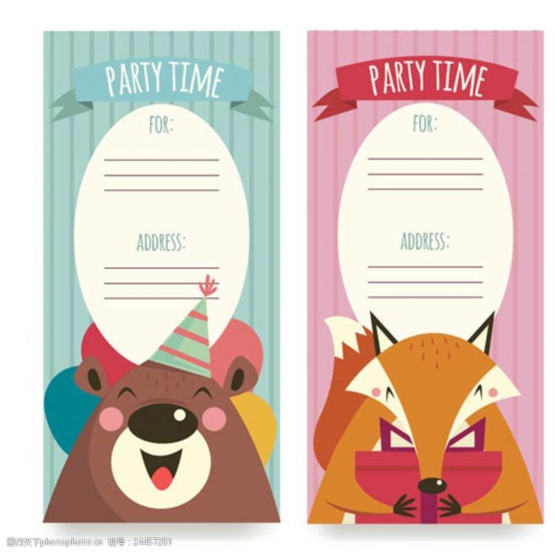 游乐园展板熊与狐狸儿童宝宝生日贺卡