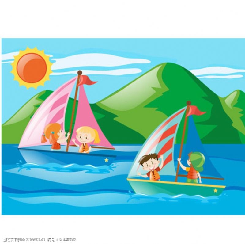 儿童节展版卡通儿童节比赛帆船的孩子