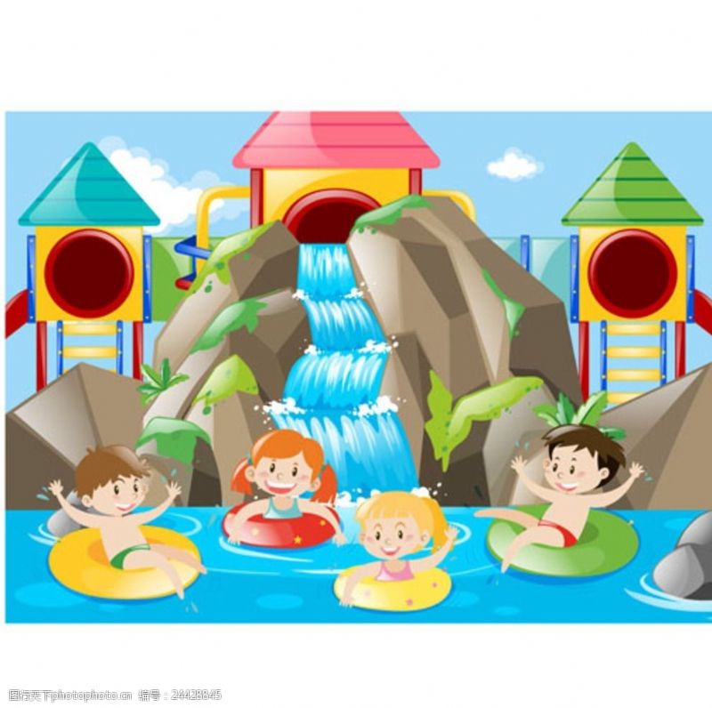 儿童节展版卡通儿童节快乐游泳的孩子