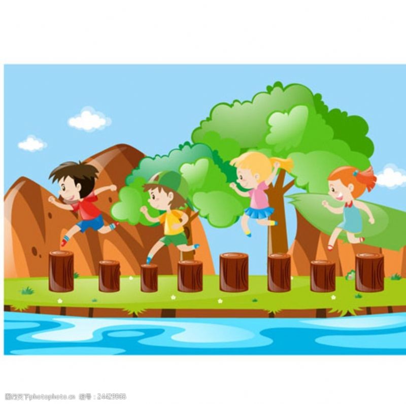 小学招生卡通儿童节跳木桩的孩子