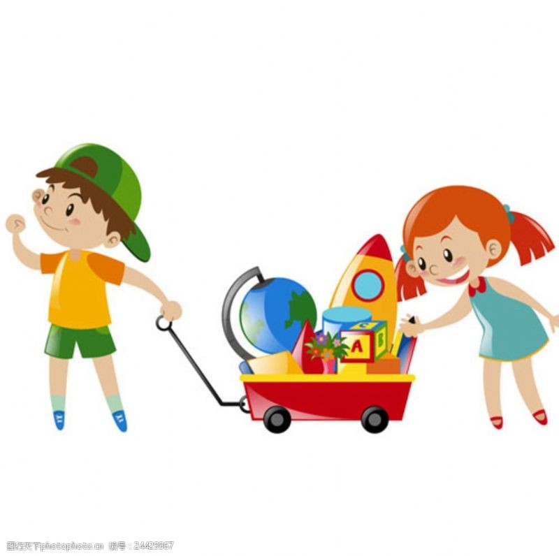 玩具彩页卡通儿童节推着玩具车的孩子
