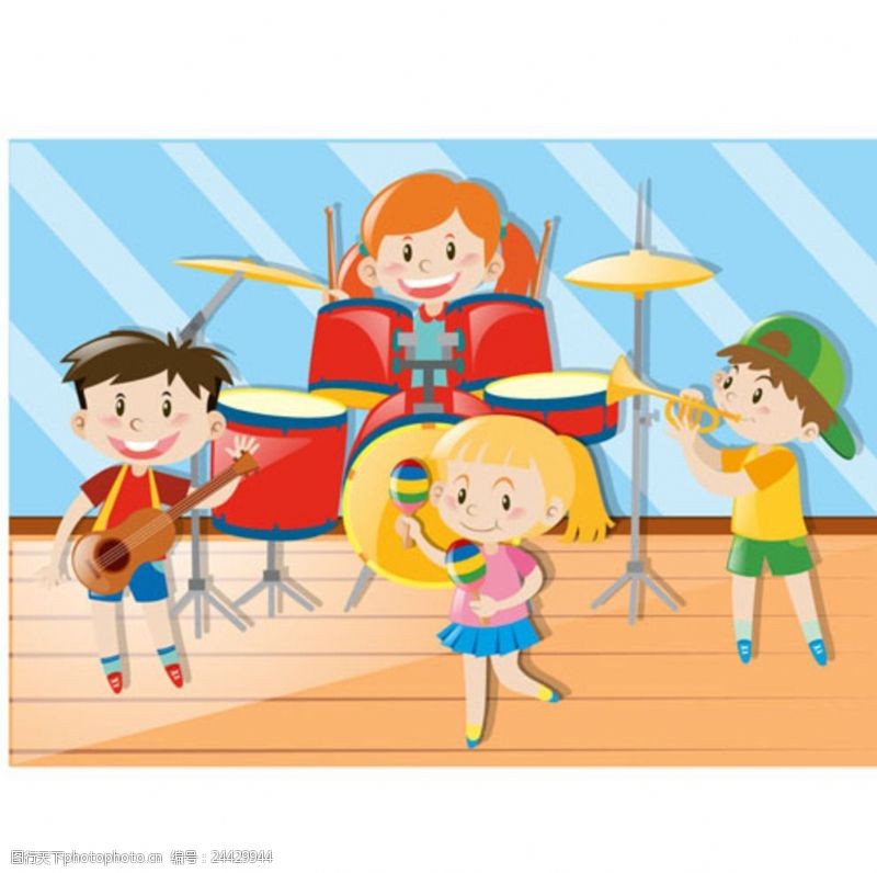 小学招生卡通儿童节玩乐器的孩子