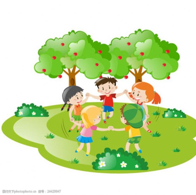 小学招生卡通儿童节在草坪玩耍的孩子