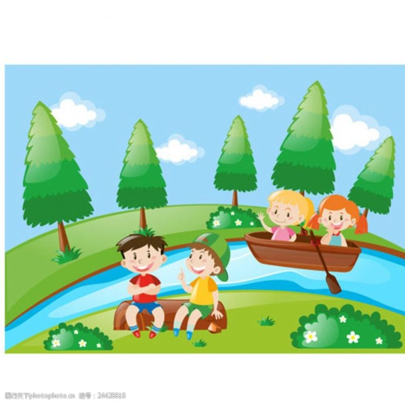 儿童节展版卡通儿童节在河边的孩子