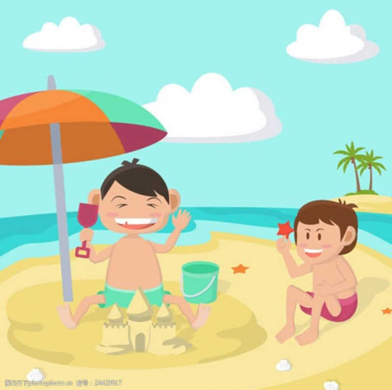 小学招生卡通儿童节在沙滩上的孩子