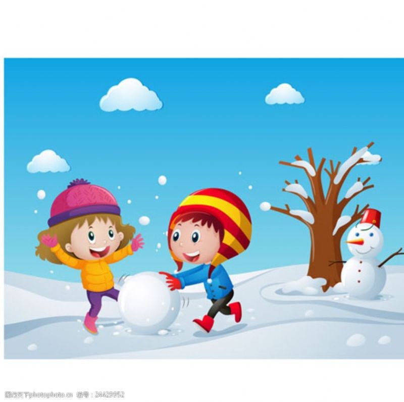 小学招生卡通儿童节在雪地玩耍的孩子