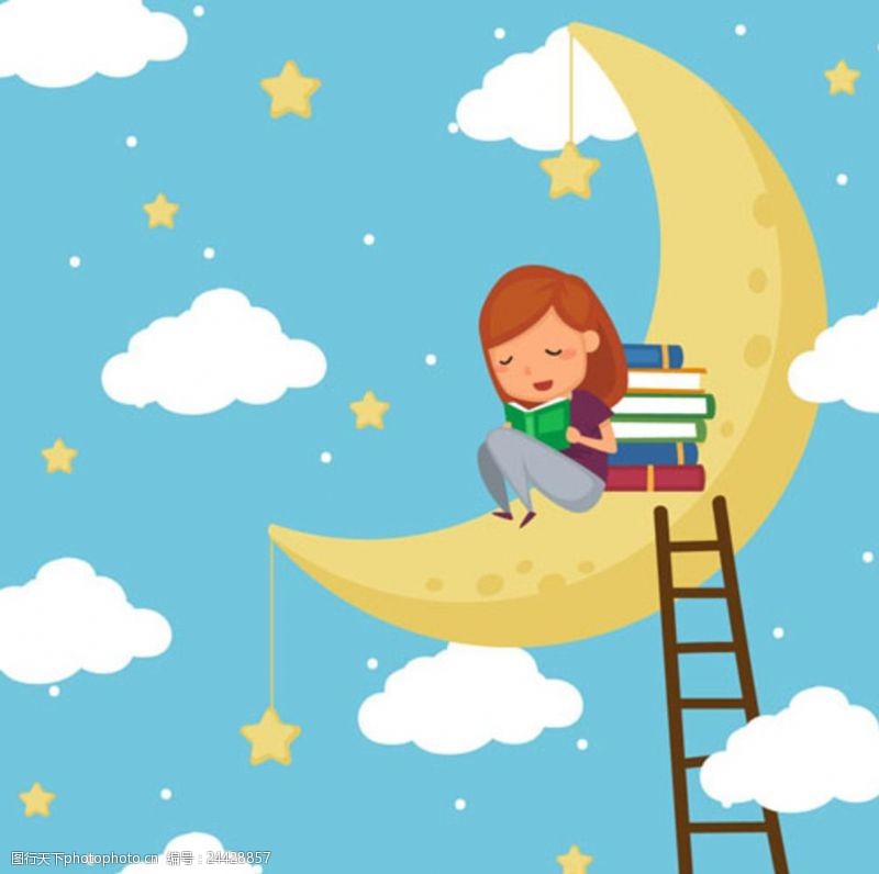 卡通儿童节在月亮上看书的女孩