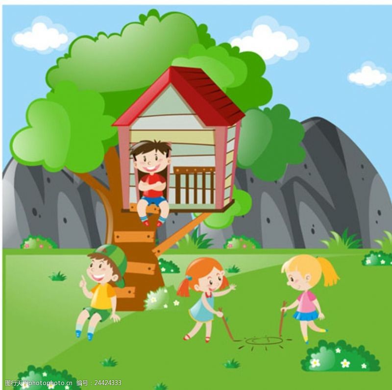 乐园宣传单卡通儿童节树屋下玩耍的孩子