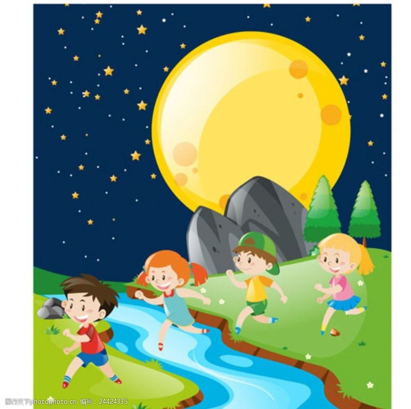 乐园宣传单卡通儿童节晚上过河的孩子